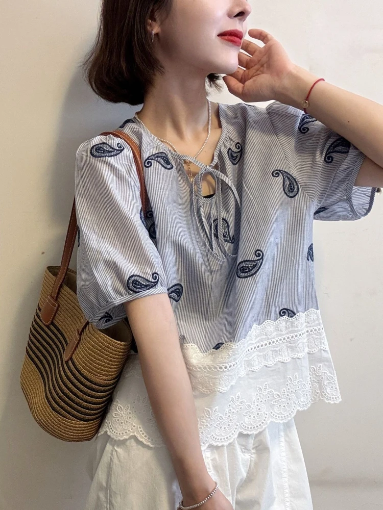 

Korobov Korean Vintage Sweet O Neck Puff Sleeve Drawstring Loose Pullover patchwork lace Women Shirt