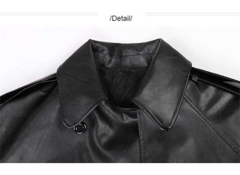 Spring Autumn Long Oversized Black Pu Leather Trench Coat for Women Belt Double Breasted Loose Casual Maxi Overcoat