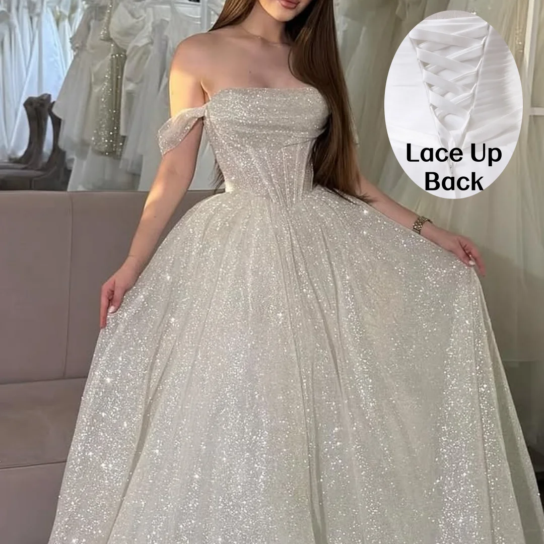 Glitter Off the Shoulder Tulle Evening Dresses Boat-neck A-line Ruched Plain Prom Dress Luxurious Long Formal Party Ball Gowns image 5