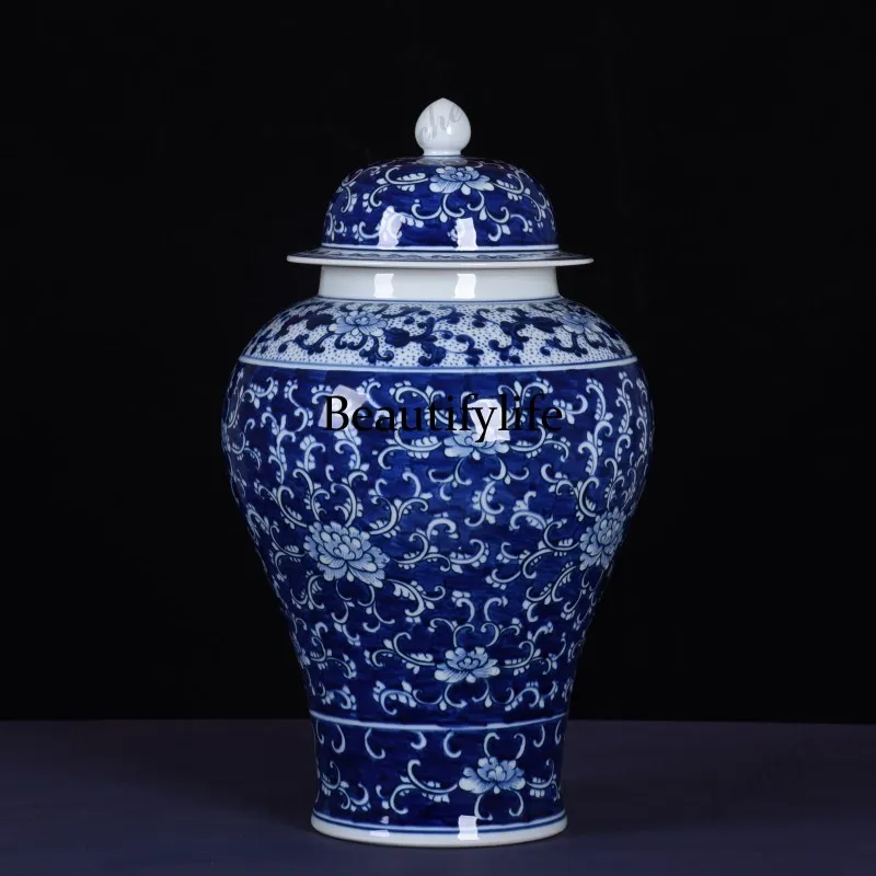 Hand-painted blue and white porcelain antique twisted lotus big flower, floor-to-ceiling porcelain bottle entrance decoration