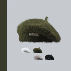 Japanese Mohair Iron Standard Knitted Berets Autumn and Winter Plush Painter Cap All-match Cute Solid Color 2023 Women's Hats