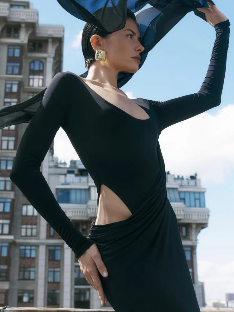 블리판보 우아한 속이 비치는 맥시 드레스 여성 U넥 긴팔 로브 바디콘 백리스 슬림 섹시 클럽 파티 롱 드레스 패션