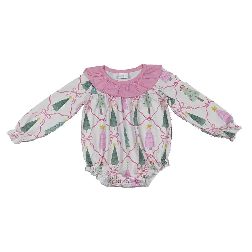 

Baby Winter Rompers Baby Girls Long Sleeves Pink Bows Trees Plaid Ruffle Rompers
