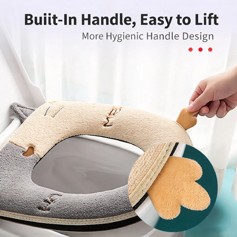 Warm Toilet Seat Covers With Zipper Lid Lifter Handle Cartoon Cat Toilet Seat Cushion Pad Stretchable Washable Toilet Seat Mats