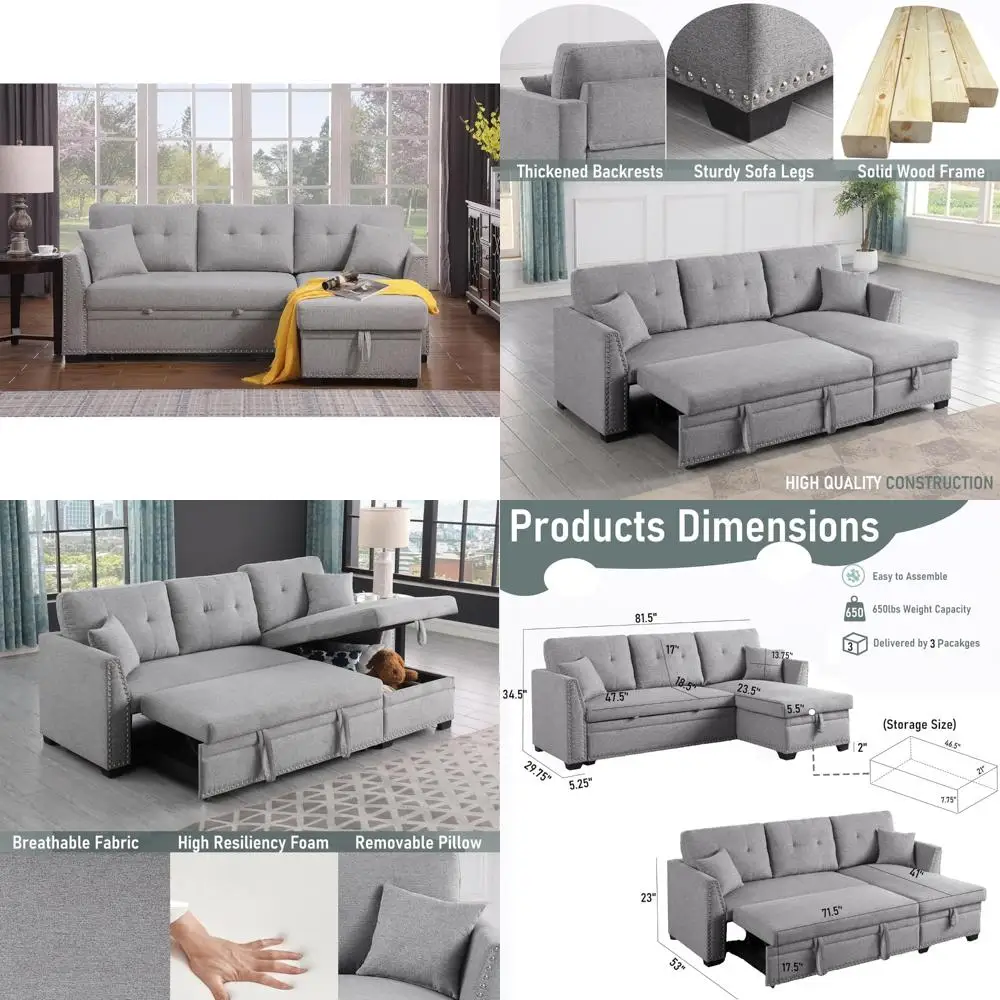 

Трансформируемый льняной диван-кровать 2-в-1 с шезлонгом для хранения и подушками для гостиной, идеально подходит для гостей и удобных сидений