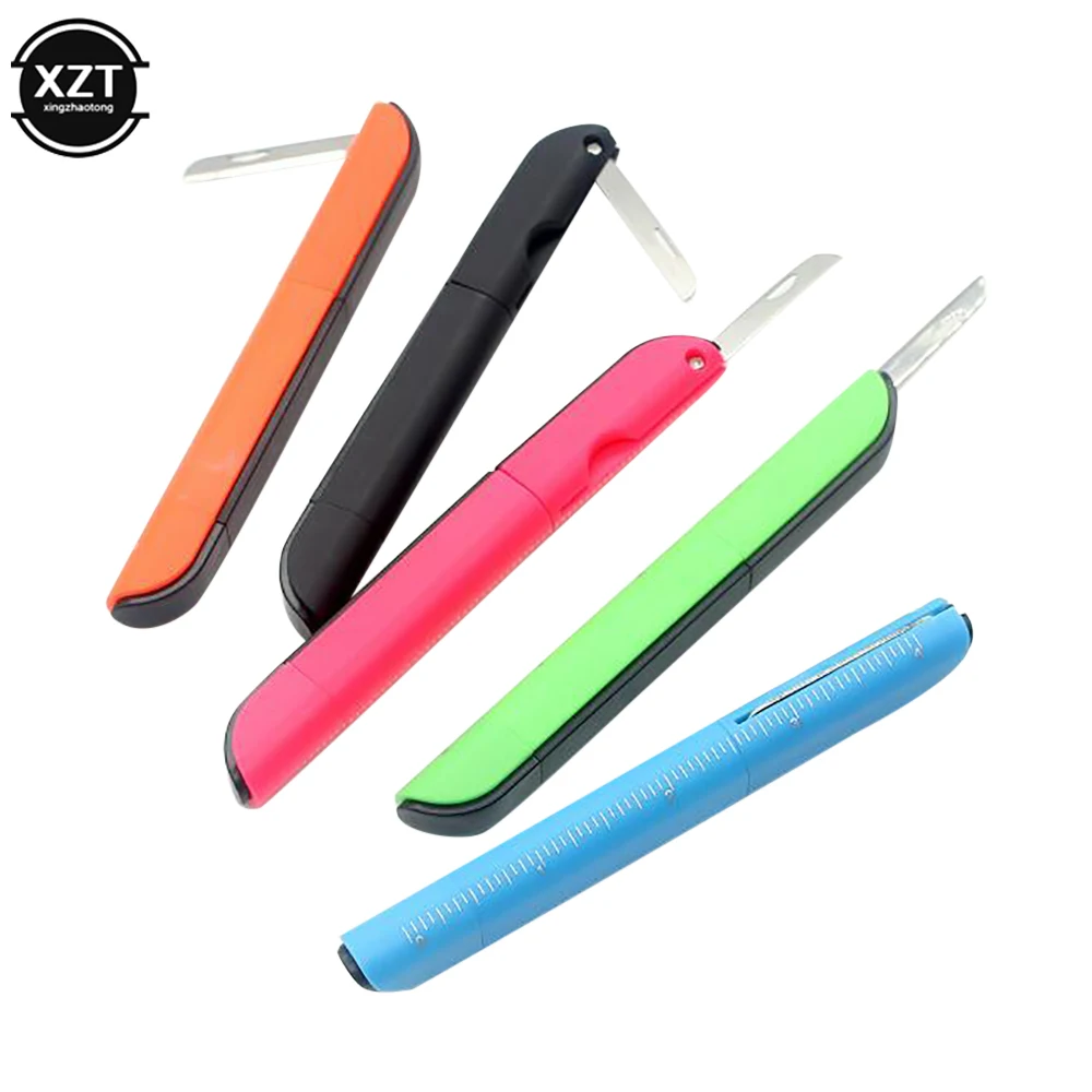 Multifunction Candy Color Ballpoint Pen with Folding Scissors Knife Ruler Pens Portable DIY for Writing Office School Stationery