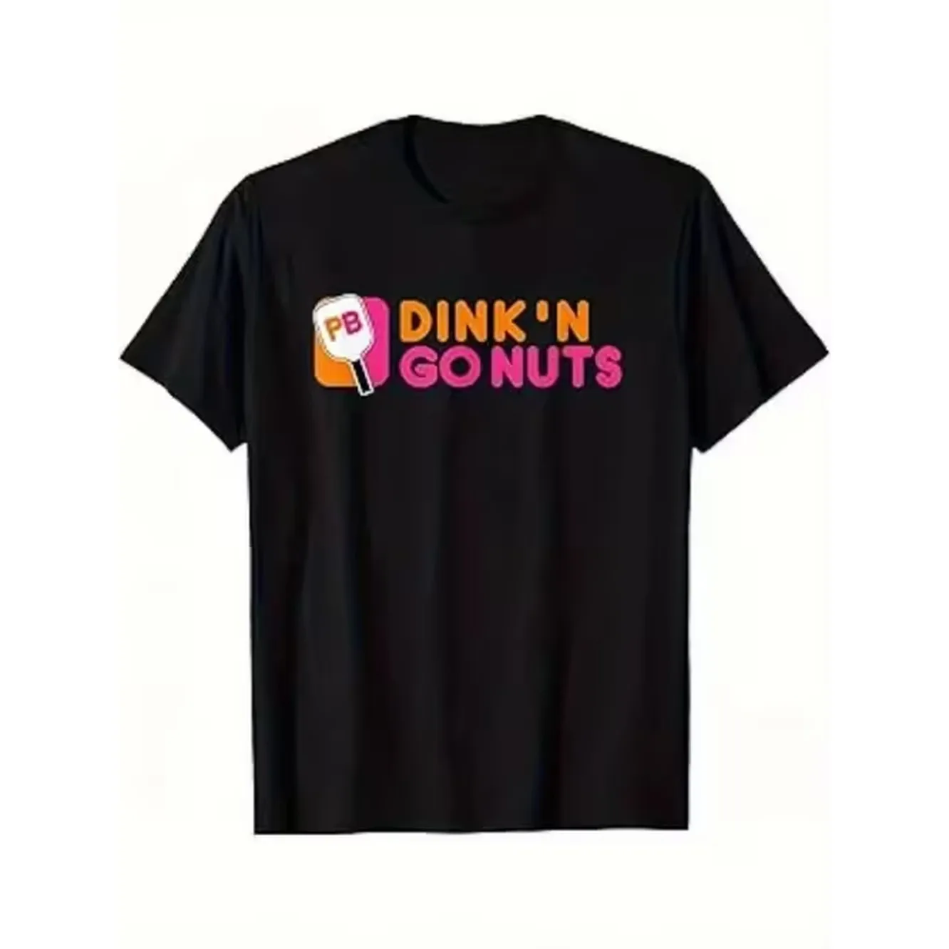 Enjoy Pickleball A Black Short Sleeve T Shirt Featuring Vibrant Text Dink Nuts A Graphic Of A Pickleball Paddle Players And Casual Fun