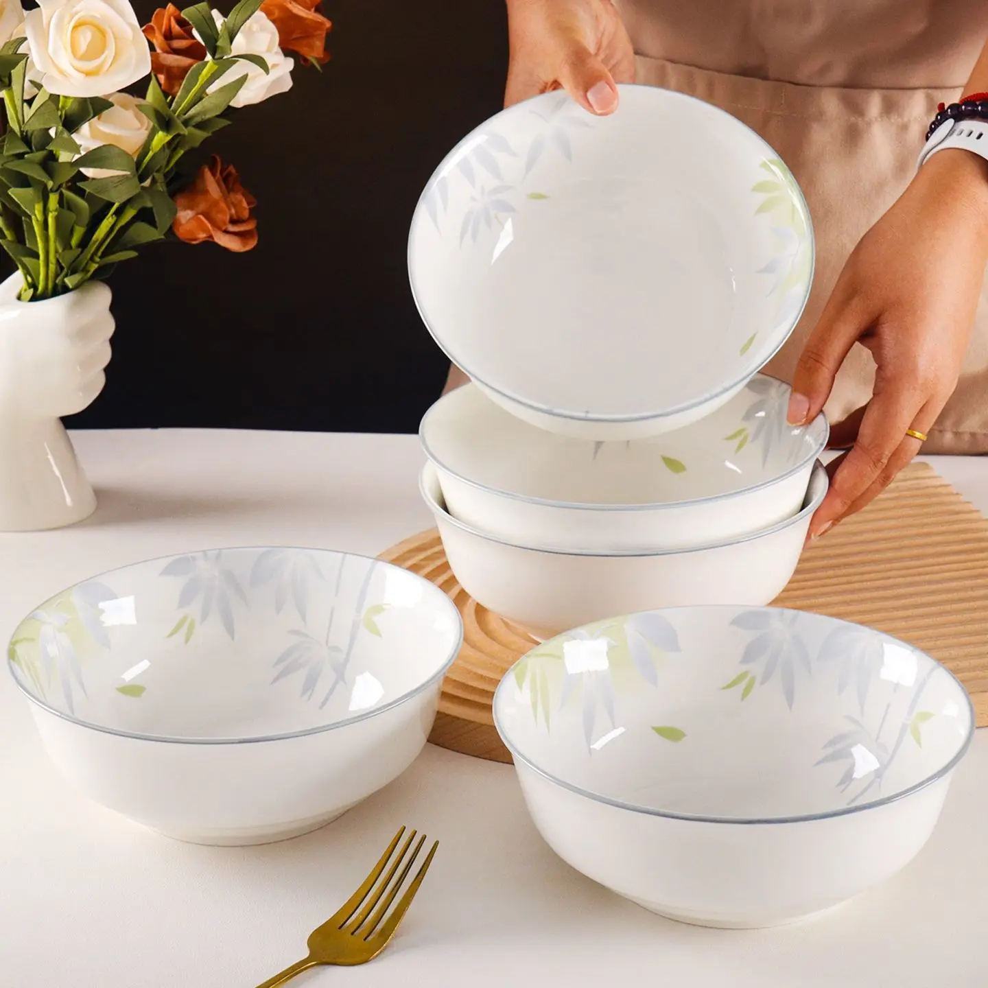 

Эстетичная 7-дюймовая серебряная суповая/рисовая миска из бамбукового керамогранита, термостойкая, с подглазурной росписью, столовая посуда для дома, новая модель