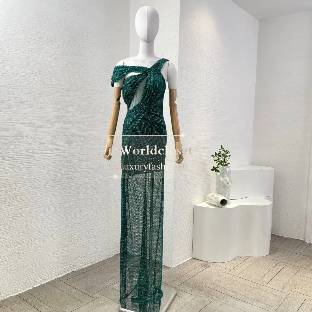 

Sleeve Pleat Floor Length Long Maxi Dress 2025 New Beautiful Green Diamonds Off The Shoulder
