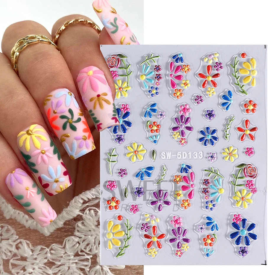 5D Colorful Small Flowers Nail Engraved Stickers Filigree Floral Design Bohemian Style Charm Decals Simple Spring Manicure Foils