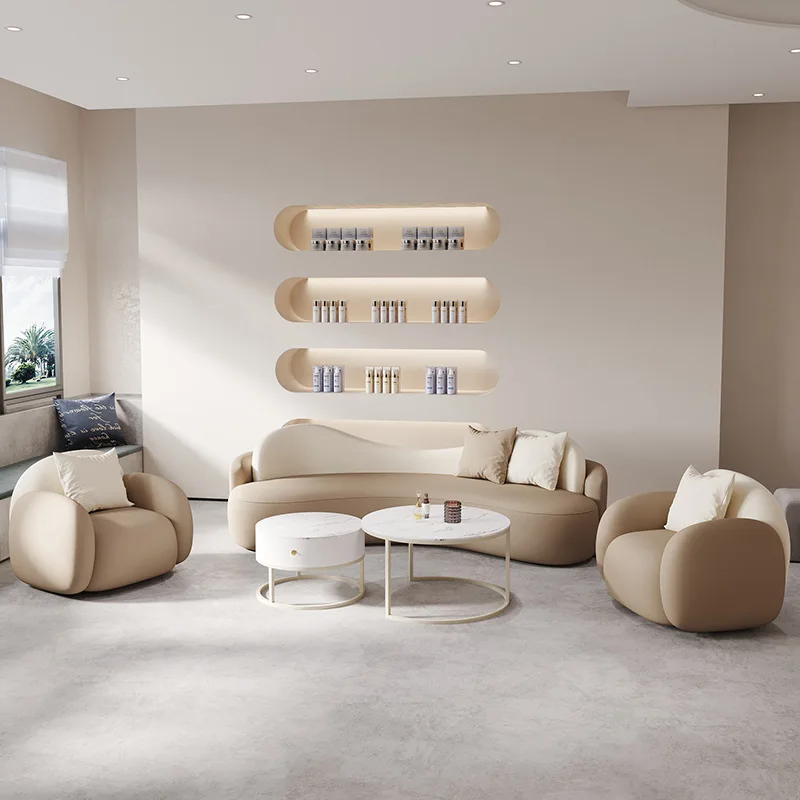 Image 4: Ensemble de canapés style crème, meubles modernes, canapé de bureau incurvé pour salon de beauté et zone de repos