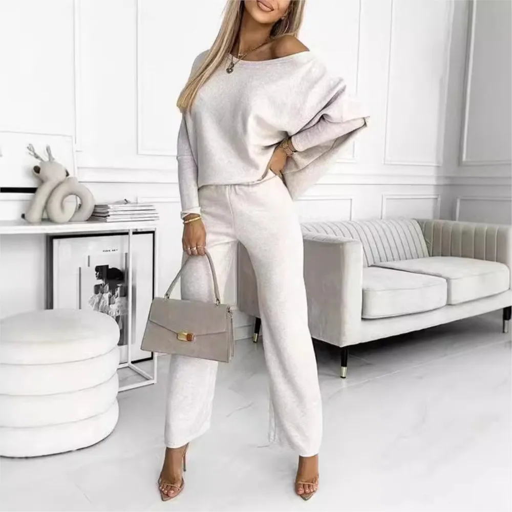 

Женский весенне-осенний комплект из 2 предметов, новинка 2025 года, однотонный пуловер с круглым вырезом и длинными рукавами, топ + брюки, повседневный комплект пригородных брюк
