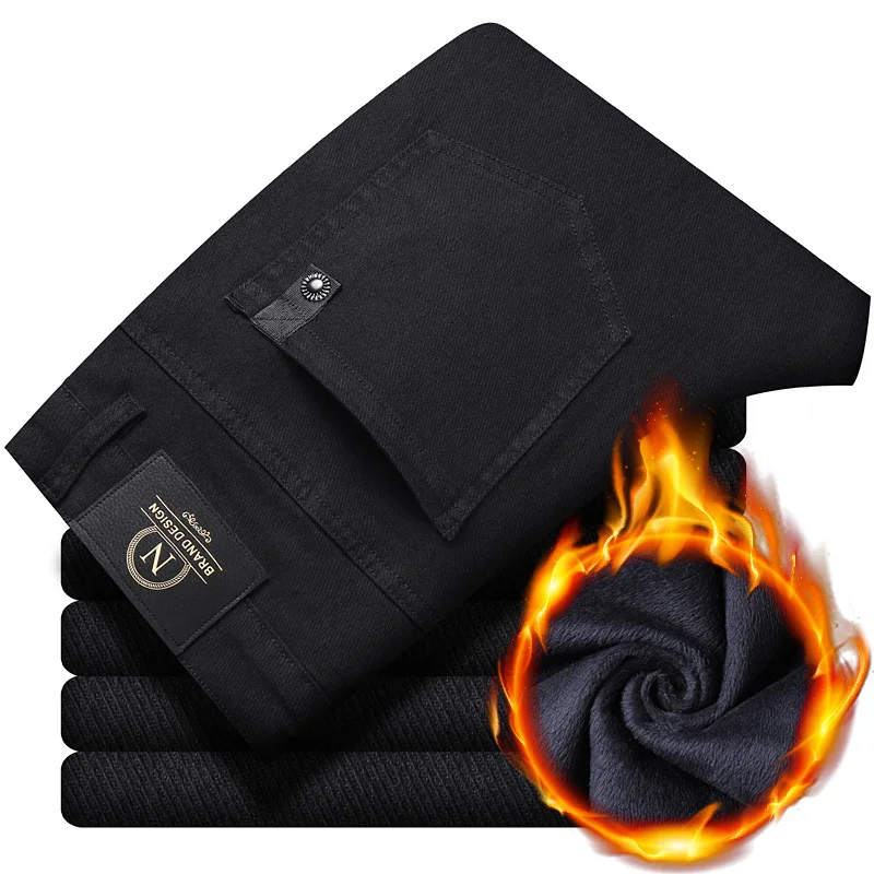 2024 New Winter Fleece Casual Pants Men\'s Straight Slim Thick Warm Male Business Fashion Casual Elastic Comfort Velvet Trousers