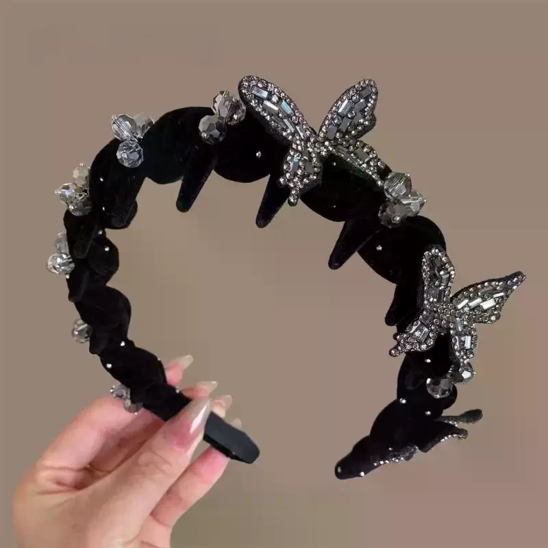 

1/2Pcs High-end Sparkly Velvet Headband New Luxury Butterfly Rhinestone Headband High-top Headpiece Hair Accessory