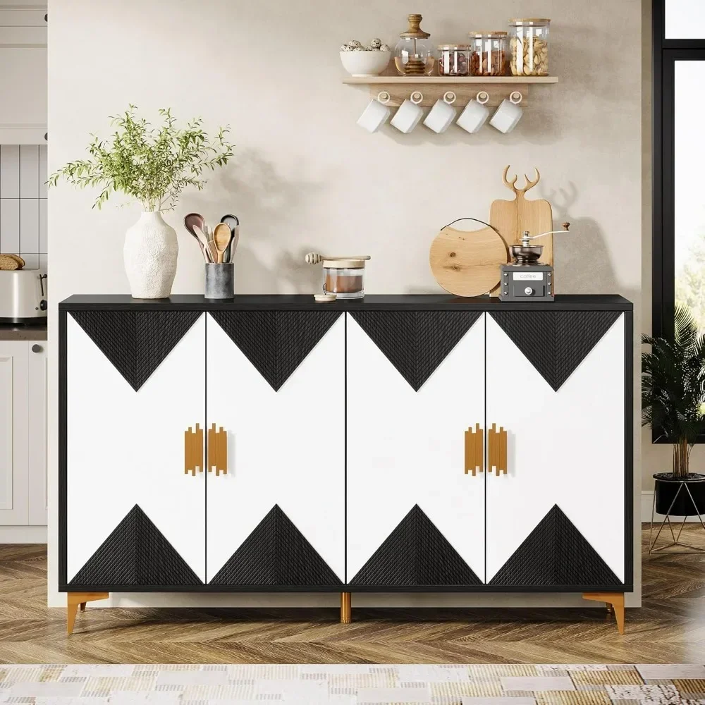 Buffet Cabinet.4-Door Sideboard Buffet Cabinet, 55-Inch Buffet Cabinet with Geometric Decorated Doors, Modern Sideboard Storage