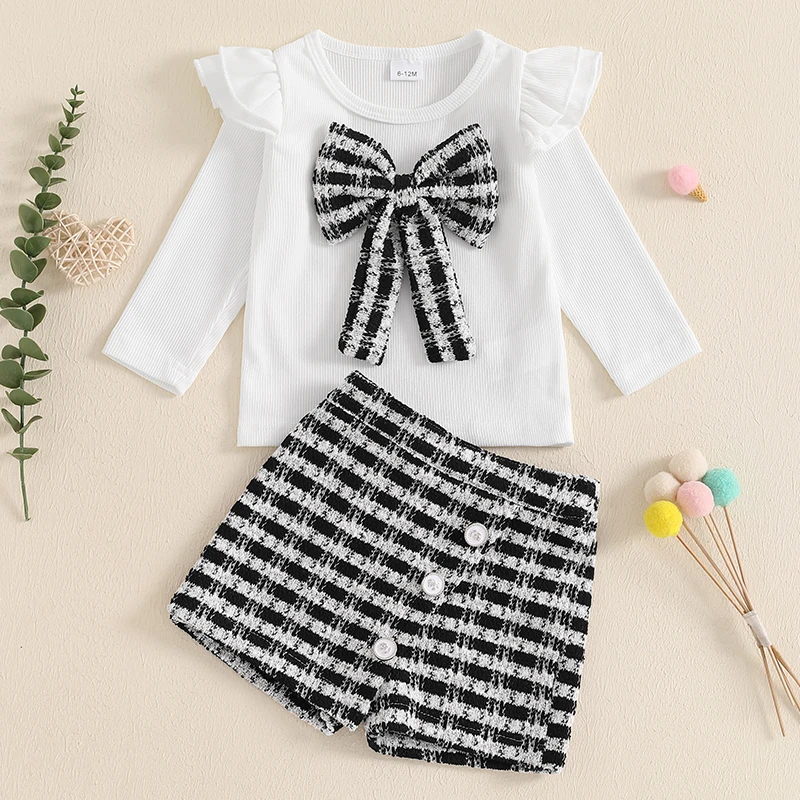 Toddler Girl Fall Fashion Outfits Bowknot Round Neck Long Sleeve Tops Buttons Mini Skorts 2Pcs Clothes Set