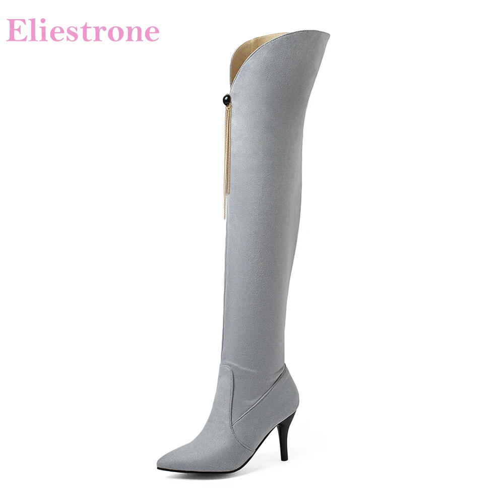 Brand New Sexy Gray Black Women Thigh High Boots Pointed Toe High Thin Heels Lady Shoes Plus Small Big Size 12 32 43 45 48