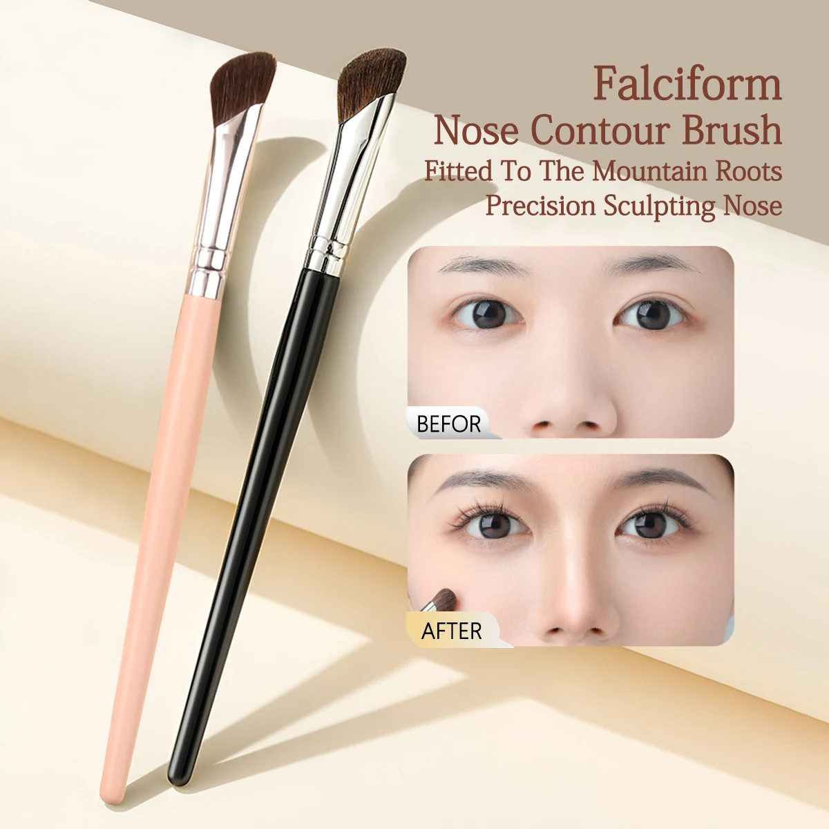 2-Piece Set of Dual-Color Sickle-Shaped Horsehair Nose Shadow Brush, Contour Brush, and Multi-Functional Beginner Makeup Brush