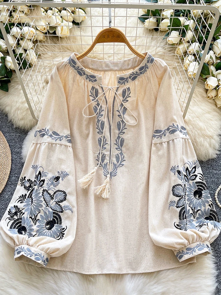 

Literary Vintage Heavy Embroidery Blusas Ethnic Style New Loose Casual Shirts Trendy Lace Up Slim All-match Simple Mujer