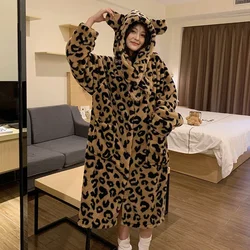 Women Winter Flannel Leopard Print Nightgown Thick Warm Hooded Loose Pajamas Homewear Nightgowns Plush Soft Casual Loungewear