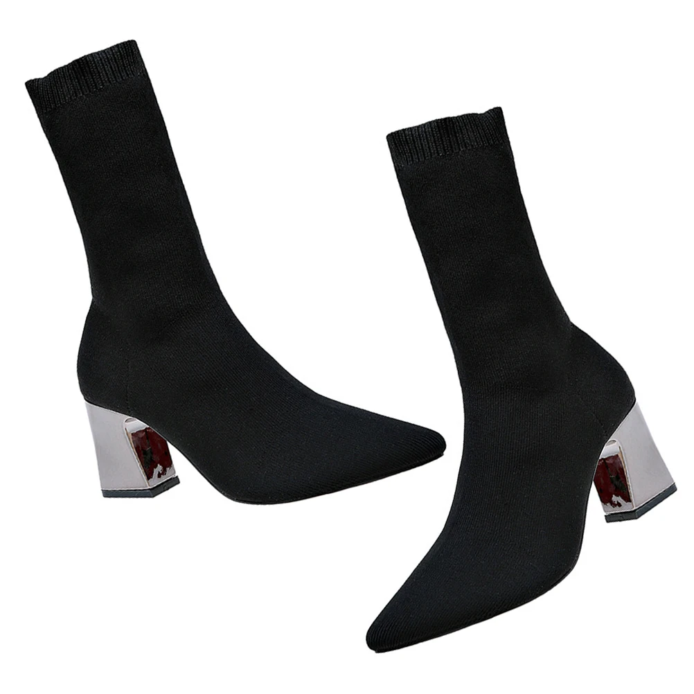 

Short Boots Women Shoes Winter Knitted Socks High Heel Ankle Black Chunky Heels Fashion Comfort Elegant Design Walking Party