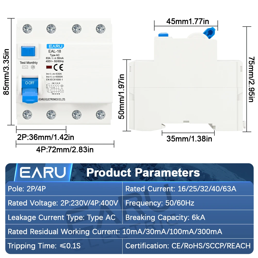 EARU 10/30/100/300mA Type AC RCCB RCD ELCB Electromagnetic Residual Current Circuit Breaker Differential Breaker Safety Switches