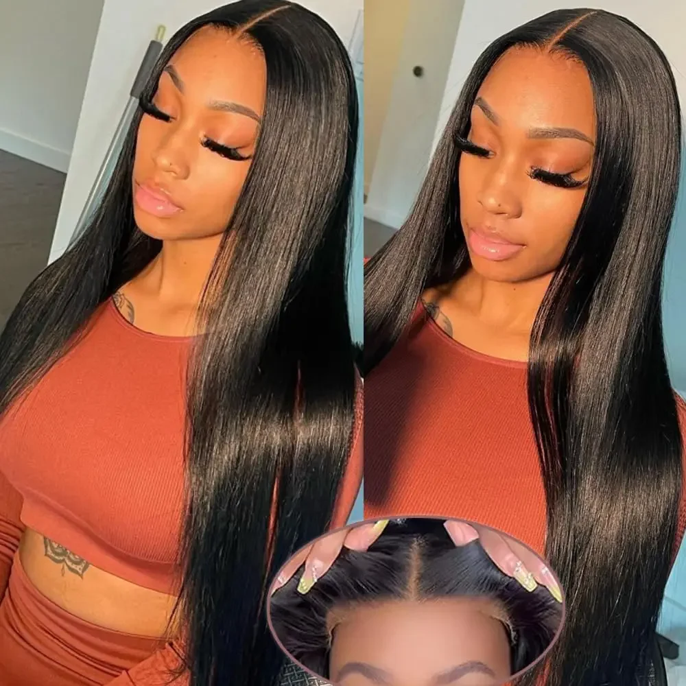 Bezklejowe Peruki Ludzkie Włosy 6x4 Pre Cut Lace Closure Proste Ludzkie Włosy Peruki Dla Kobiet Wstępnie Bielone Węzły Wear And Go Wig32 Inch