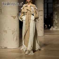 TWOTWINSTYLE Colorblock Casual Long Trenches For Women Lapel Long Sleeve Patchwork Button Long Coats Female Fashion Style New