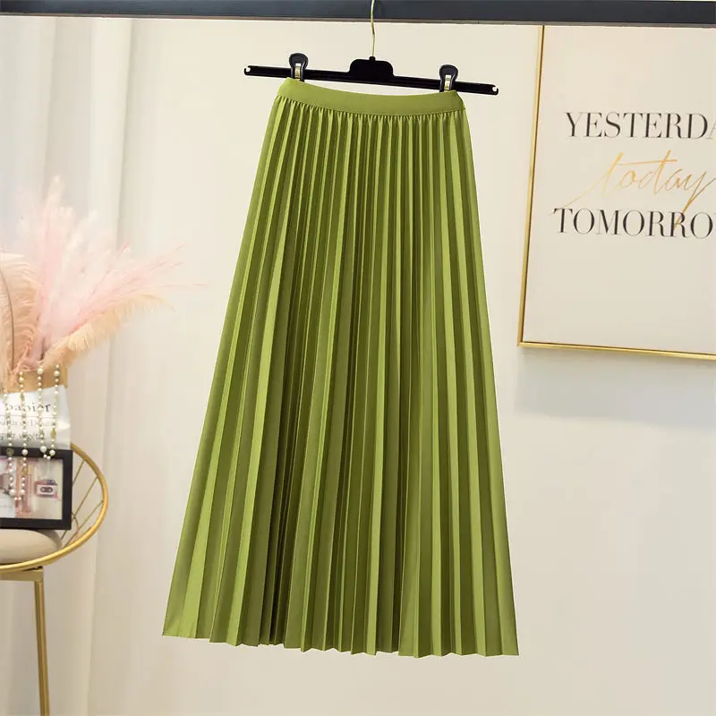 Spring Drape Loose Pleated A-line Calf Skirt Green Yellow Blue