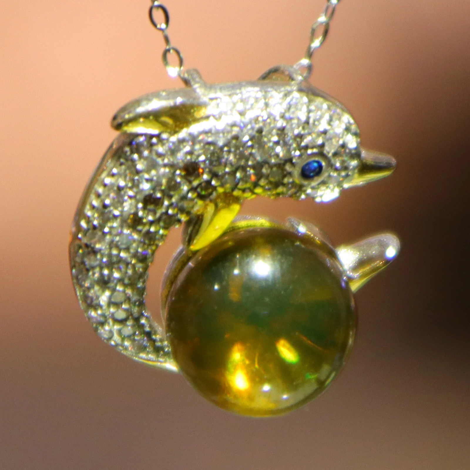 Natural Mexican Blue Amber Pendant 10mm Solid Silver Dolphin Animal Design Whimsical Creative Jewelry Gift for Women and Girls