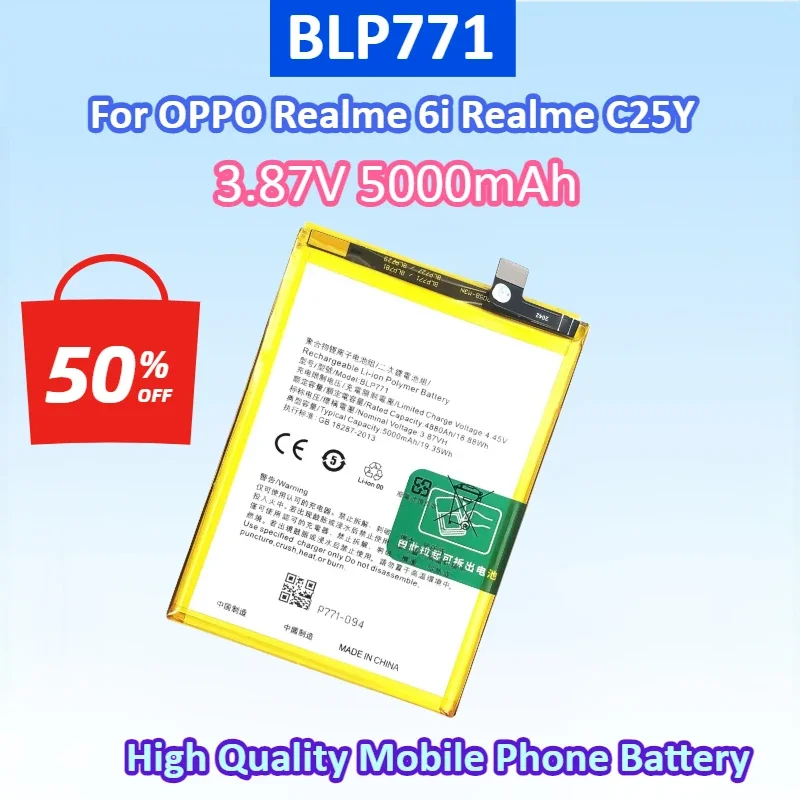 

New BLP771 3.87V 5000mAh Mobile Phone Battery for OPPO Realme 6i Realme C25Y High-Capacity Replacement Batteries