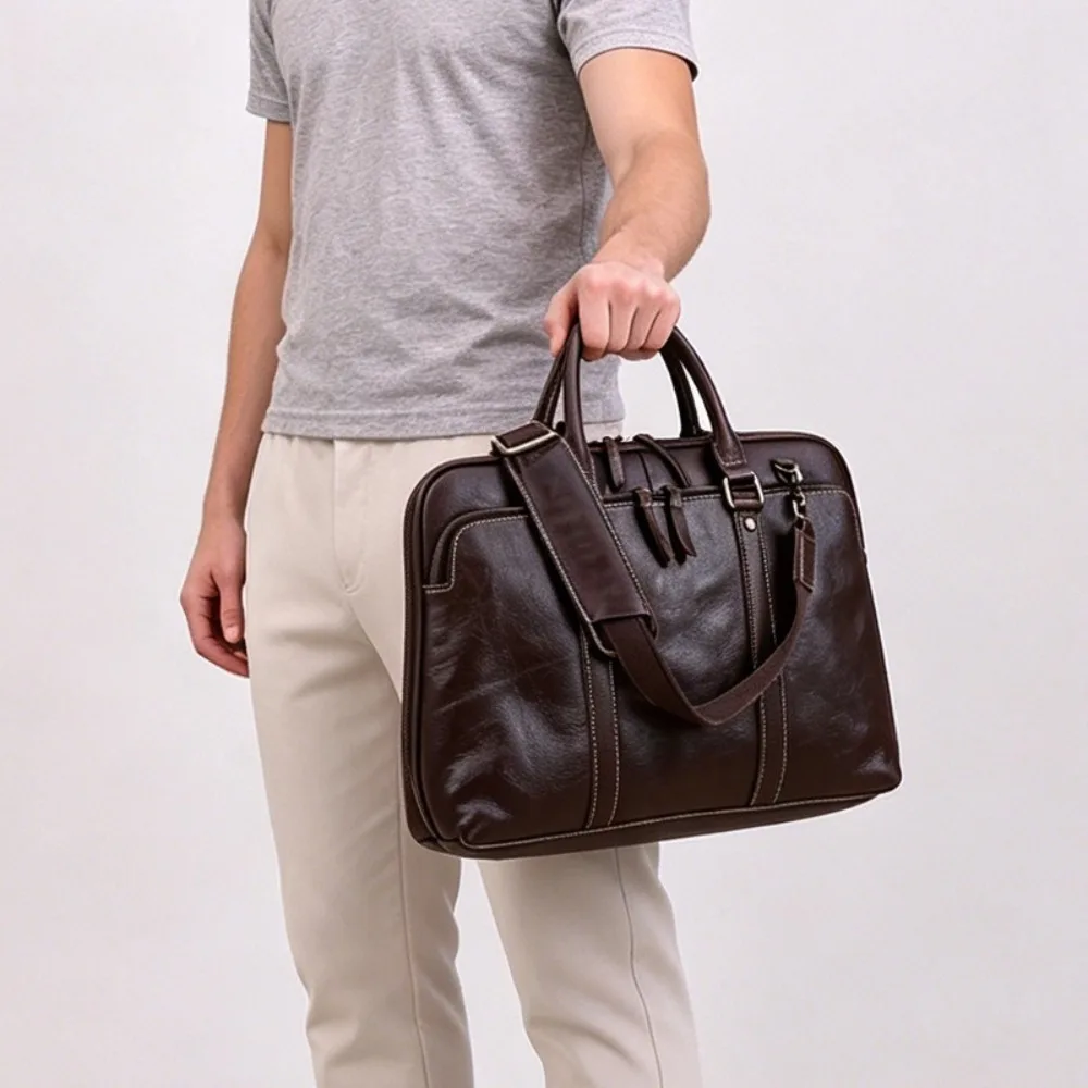 First Layer Cowhide Messenger Bag, New Men's Genuine Leather Business Portable Shoulder Briefcase High Sense