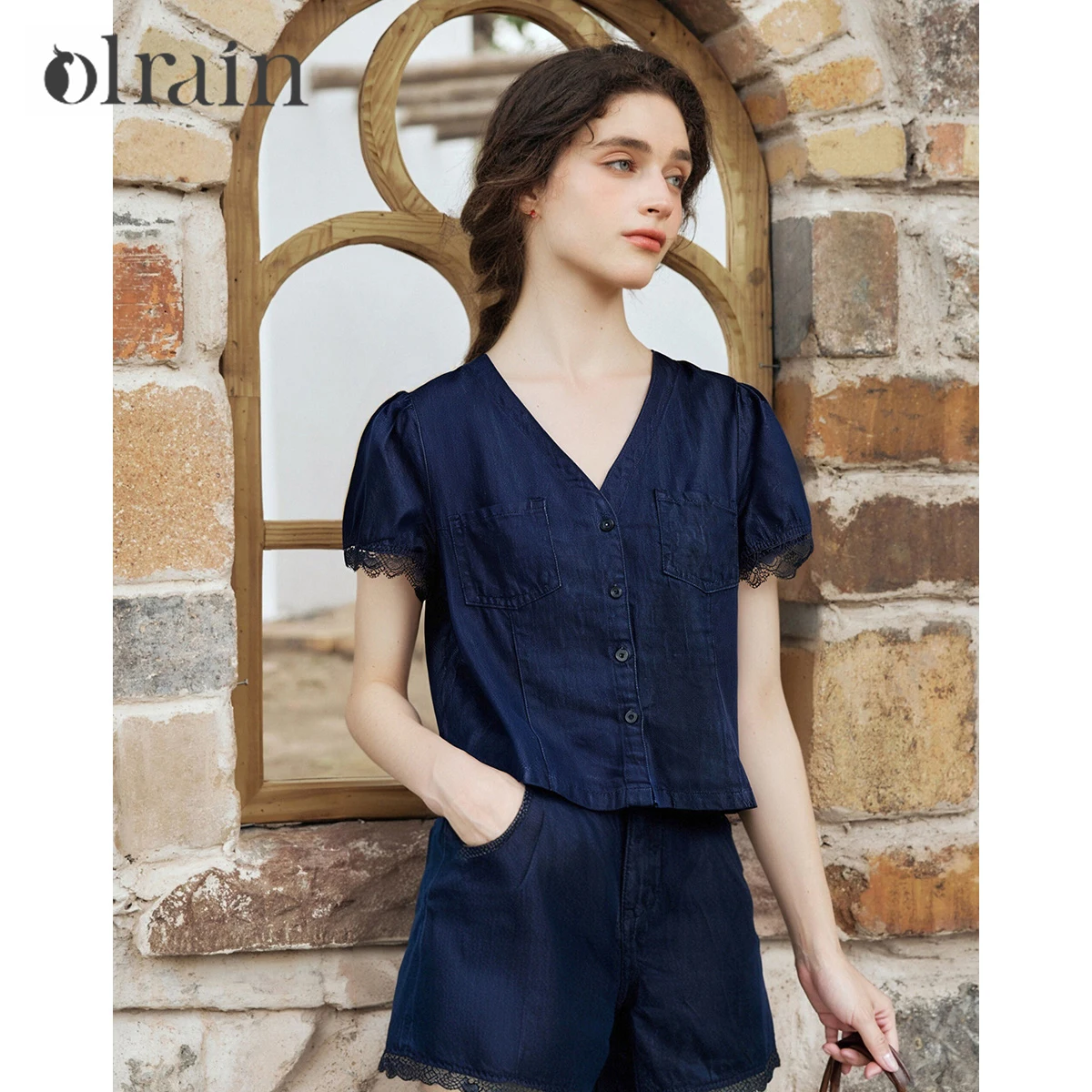 

Olrain Washed Denim Shorts Sets 2 Piece Woman Summer Outfit 2025 Lace V-Neck Tops Casual Short Pant Lady Clothing Set O57XE98523
