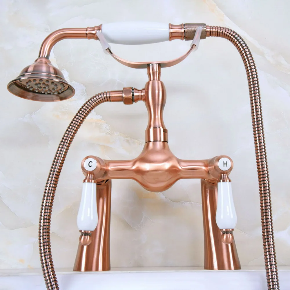 

Antique Red Copper Double Handle Deck Mounted Bathroom Bath Tub Faucet Set with 1500MM Hand Held Shower Spray Mixer Tap 2na170