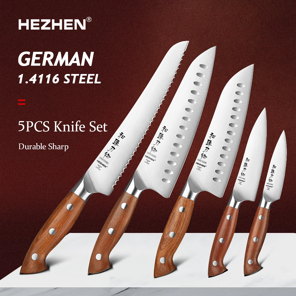 

HEZHEN 1PC-5PC German Din 1.4116 Steel Chef Knife Set High quality Redwood +Stainless Steel Rivets Kitchen Knives