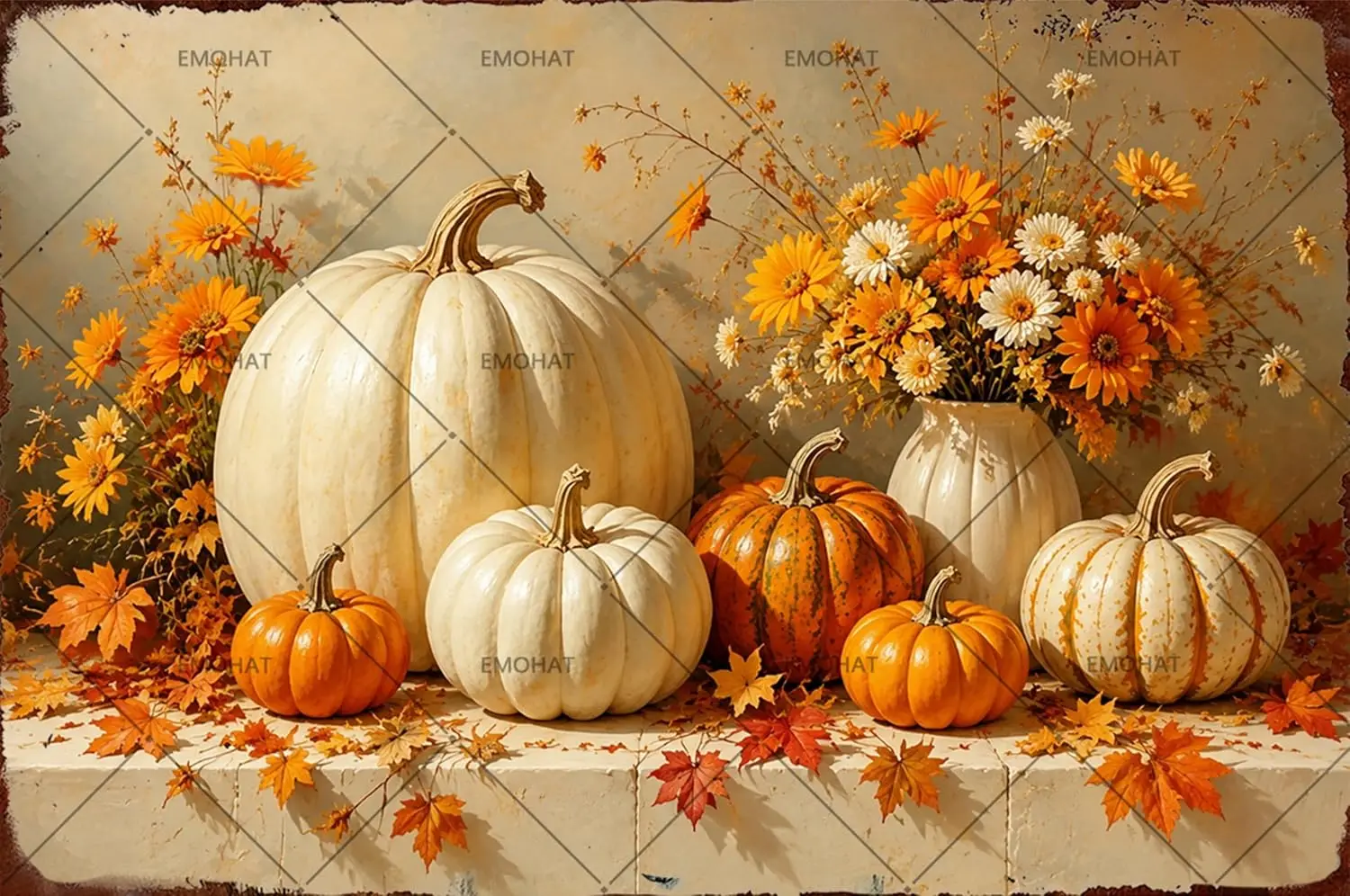 EMOHAT Autumn Pumpkin Flowers Tin Sign Vintage Fall Harvest Decor   | Rustic Fall Metal Signs, Farmhouse Kitchen Garden Thanksgi