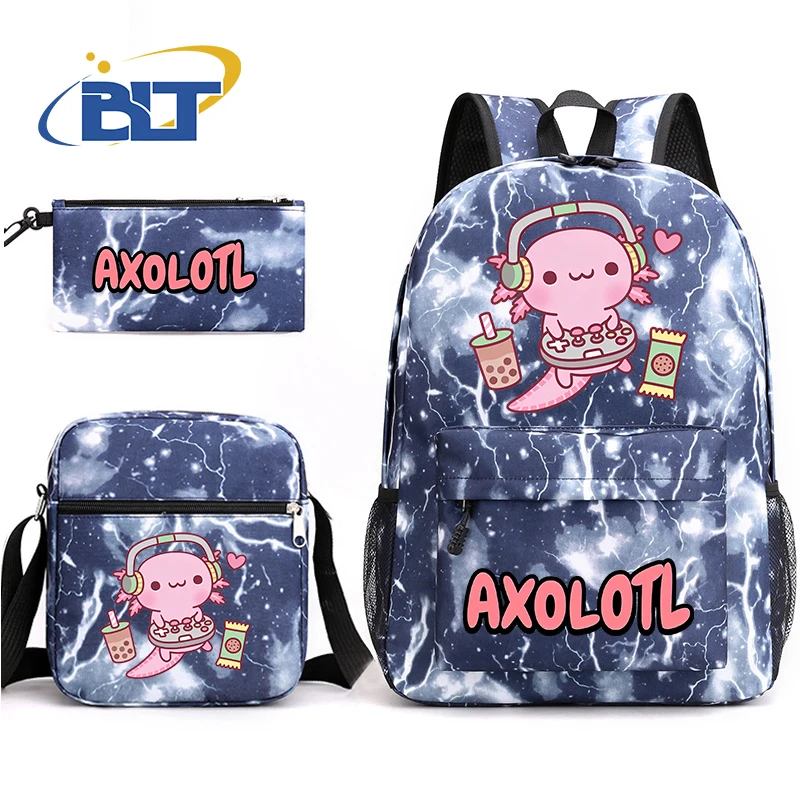 Bonito Axolotl Impresso Student Schoolbag Set, Kids Backpack, Shoulder Bag, Pencil Case, Children's Gift, 3 Pcs