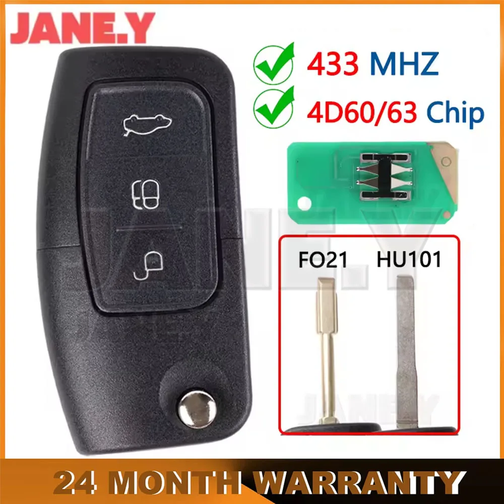 

Car Remote Key For Ford Focus Mk2 Mk3 Mk4 Fiesta 2 3 Mondeo Ranger Fusion C S Max 433Mhz 4D60/63 Chip HU101 FO21 Blade Key Fob