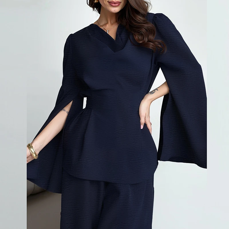 エレガントな通勤用ハイウエストスーツ、セクシーなVネックトップスとロングパンツのセットアップ、レディースファッション、ドレープ加工の無地2ピースセット、上品なセット
