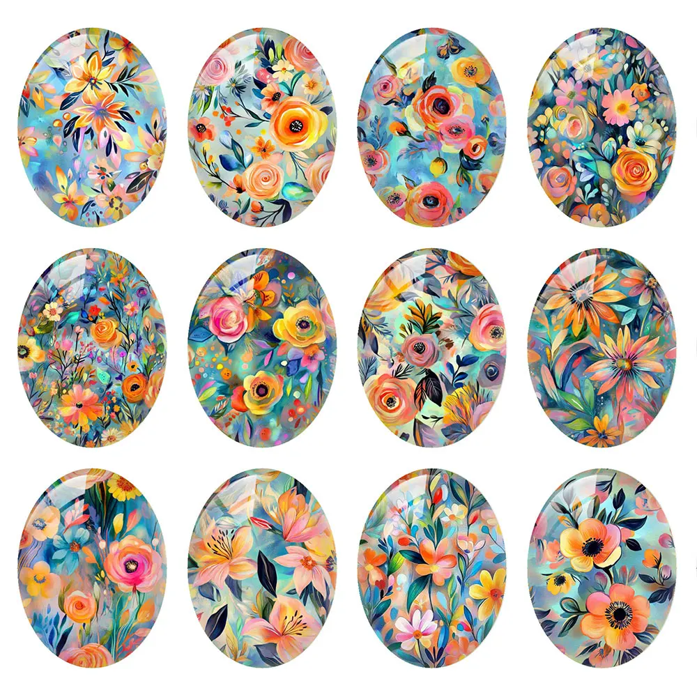 Random Mixed Round/Oval/Square Vibrant Rainbow Floral Wildflower Photo Glass Cabochon Flatback Demo Cameo For Diy Jewelry Making