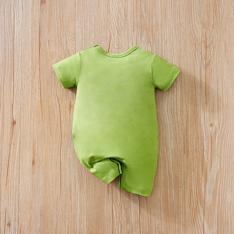 Baby Summer Jumpsuit With Green Cartoon Animal Print For Boys Casual Climbing Suit With Round Neck And Pullover Summer Outfit