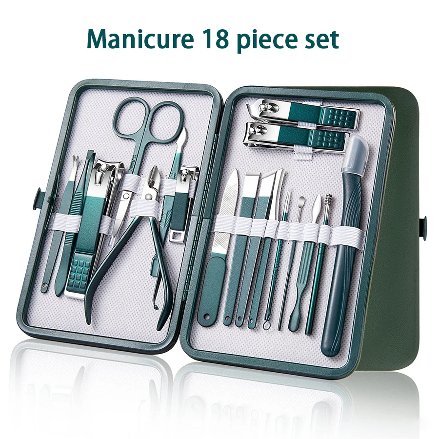 Juego de manicura verde de 6-18 Uds con Funda de cuero, kits de herramientas profesionales para el cuidado de los pies y la cara, cortaúñas de acero inoxidable, regalo