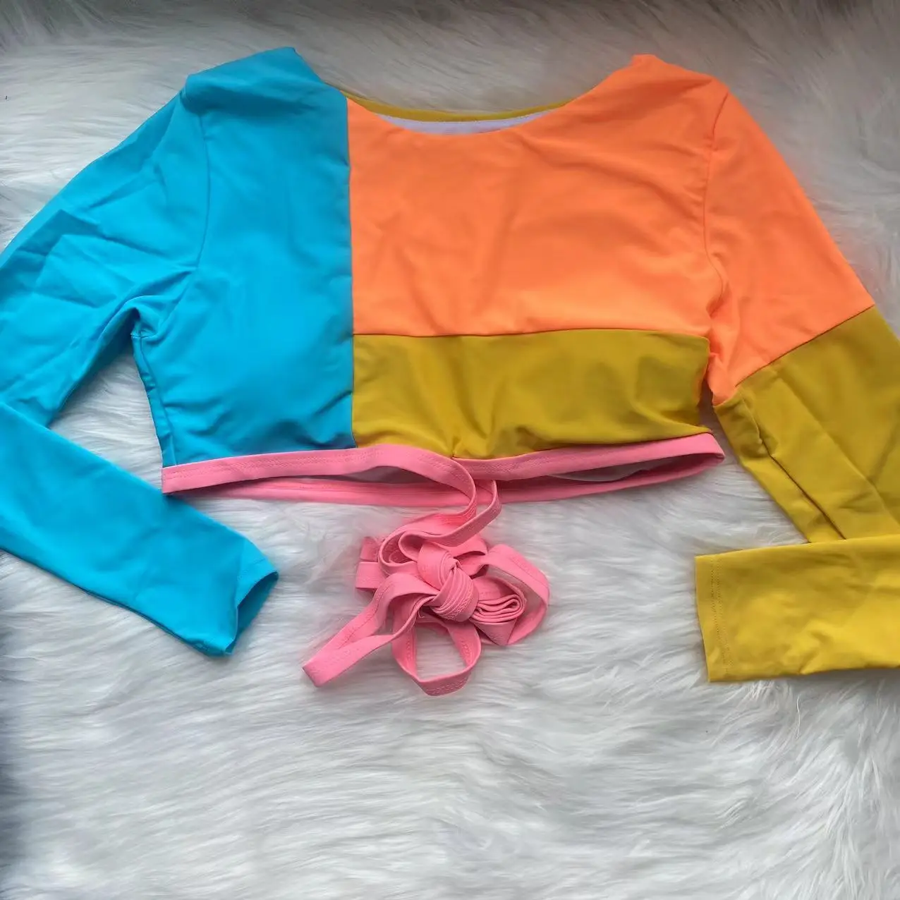 2023 Colorblock Swimsuit Long Sleeve Female Patchwork Swimwear Sexy Monokini Swimming Suits Strap Cross Beachwear Bathing Suits