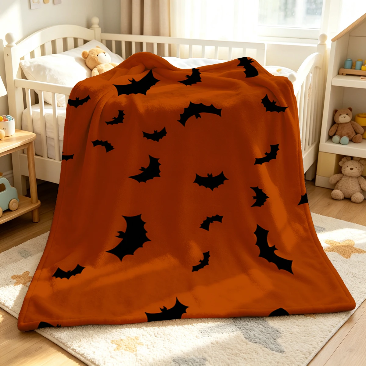 Orange Jagged Bats Flannel Blanket Warm Soft Halloween Christmas Decorative Couch Warm Cozy All-Season Gift