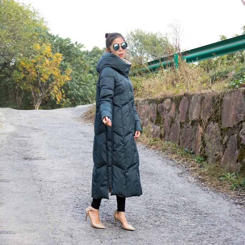 

Winter Thiened Warm over Knee Long Hooded down Jaet Women's 90 White Du Feather Slimming Windproof Outerwear een