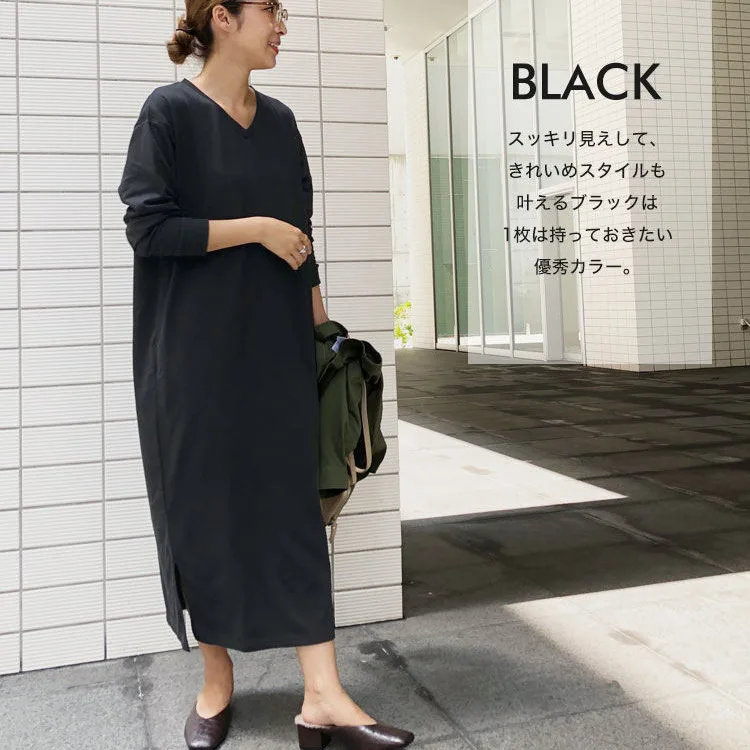 اليابان Rakuten الخريف الشتاء جديد المرأة فستان بفتحة عنق على شكل v فضفاض عادية مريحة الجانب جيب القطن فستان طويل رداء Vestido النساء