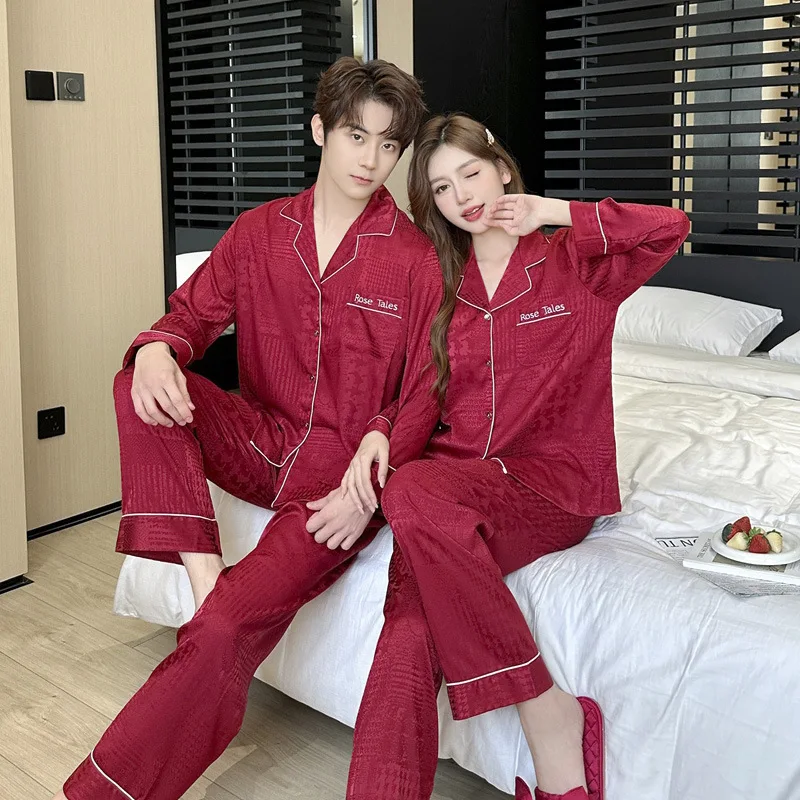 

High Quality Ice Silk Pajamas Suit Women Spring Summer Fashion Luxury Lapels Long Sleeves Men Sleepwear Couple Home Suits Male