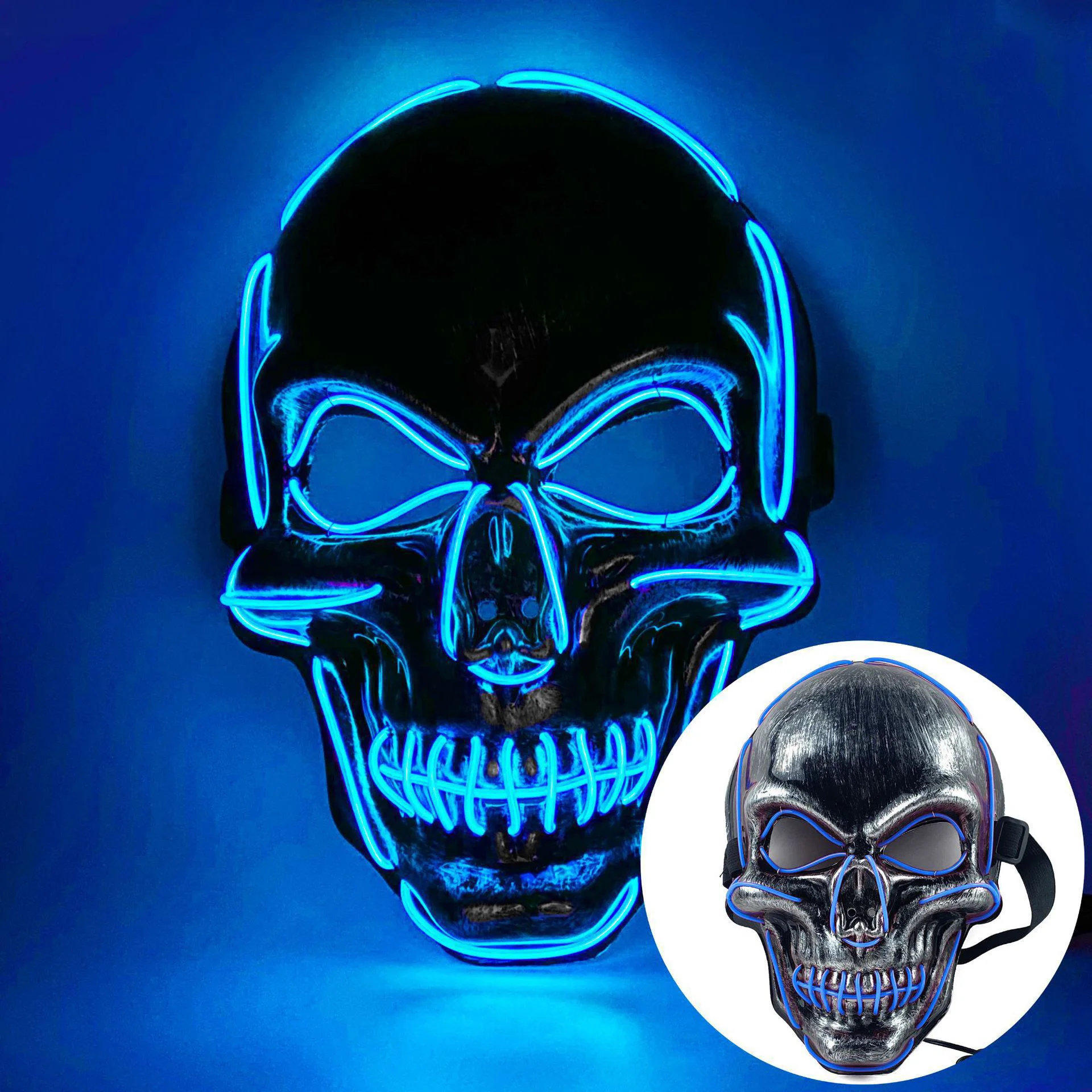 Halloween LED Light Up Mask 3 Modes Neon Glow EL Wire Costume Mask Scary Adjustable for Cosplay Party Rave