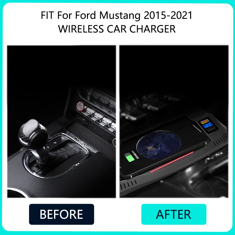 For Ford Mustang 2015-2021 LHD Car Wireless Charger Center Console 15W Fast Charging Pad Android Iphone Holder