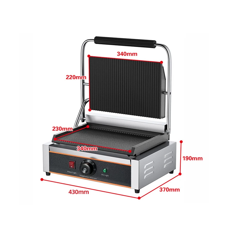 Electric Panini Machine Commercial Single-head Pressing Plate Oven Sandwich Frying Barbecue Striped Meat Steak Maker